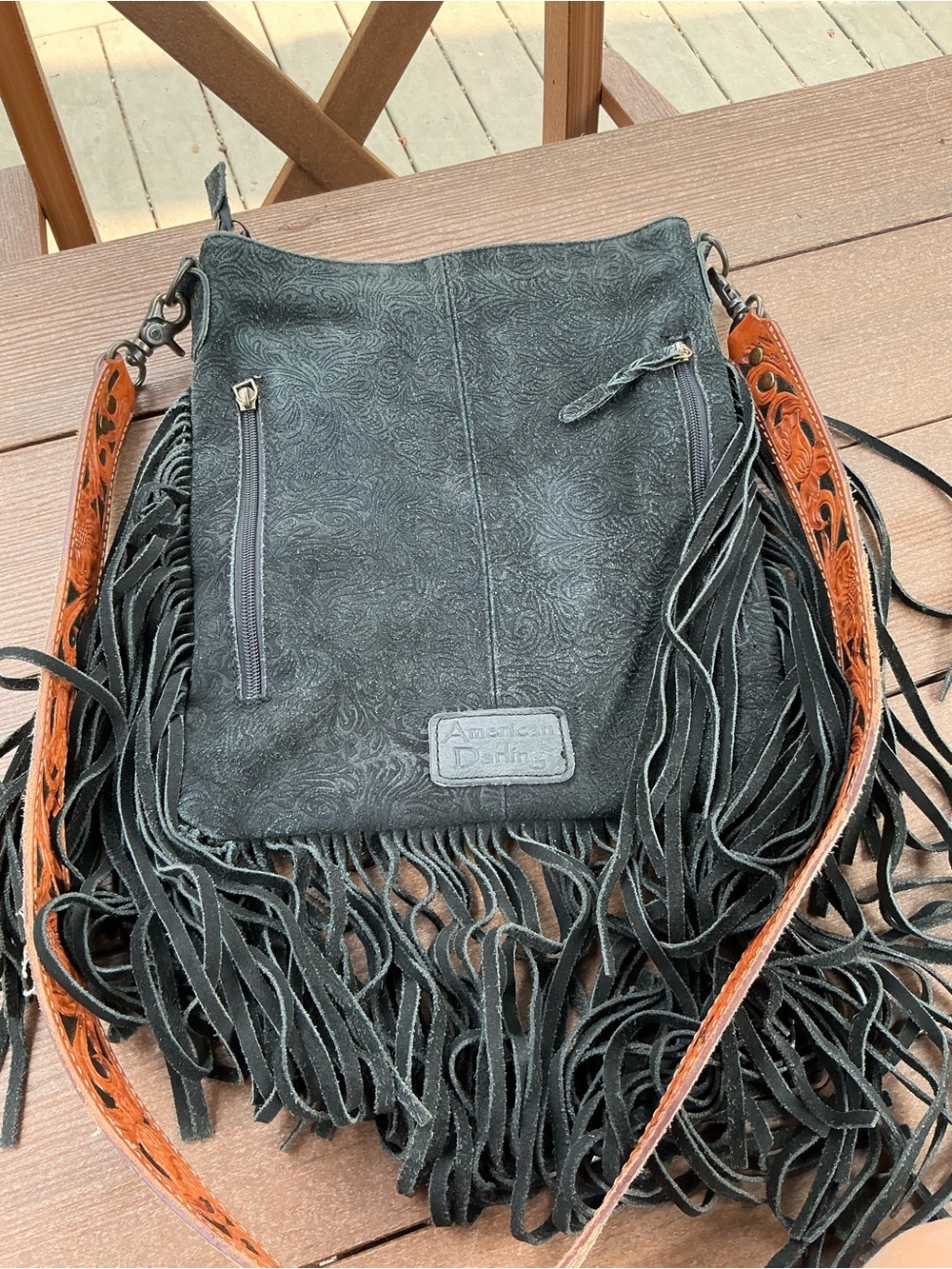 American Darling Black Fringe Crossbody with Tooled Brown Strap